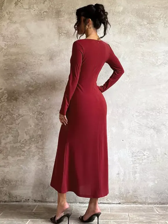Elegant Burgundy Bodycon Dress For Women - Vintage Corset Waist Long Sleeve Long Dress - Spring Party Gown 2026