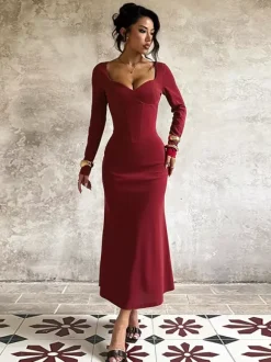 Elegant Burgundy Bodycon Dress For Women - Vintage Corset Waist Long Sleeve Long Dress - Spring Party Gown 2026