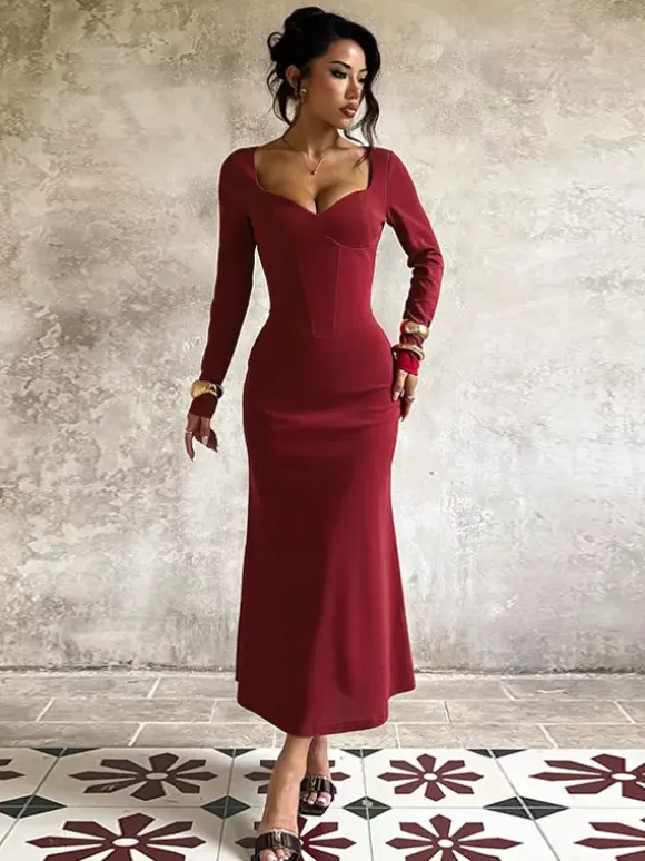 Elegant Burgundy Bodycon Dress For Women - Vintage Corset Waist Long Sleeve Long Dress - Spring Party Gown 2026
