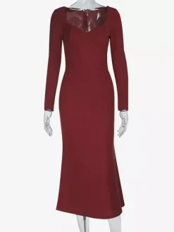 Elegant Burgundy Bodycon Dress For Women - Vintage Corset Waist Long Sleeve Long Dress - Spring Party Gown 2026
