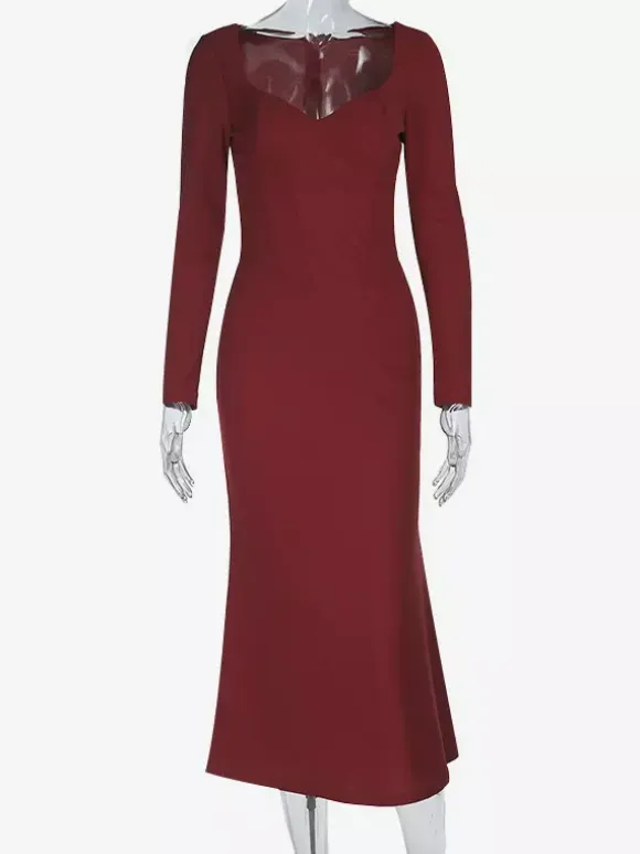 Elegant Burgundy Bodycon Dress For Women - Vintage Corset Waist Long Sleeve Long Dress - Spring Party Gown 2026