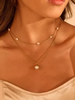 Elegant Double Strand Pearl Necklace Gold Plated Daily Wear Stackable Neck Decor