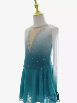 Elegant Figure Skating Outfit Beaded Rhinestone Mesh Long Sleeve Skating Dress