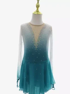 Elegant Figure Skating Outfit Beaded Rhinestone Mesh Long Sleeve Skating Dress
