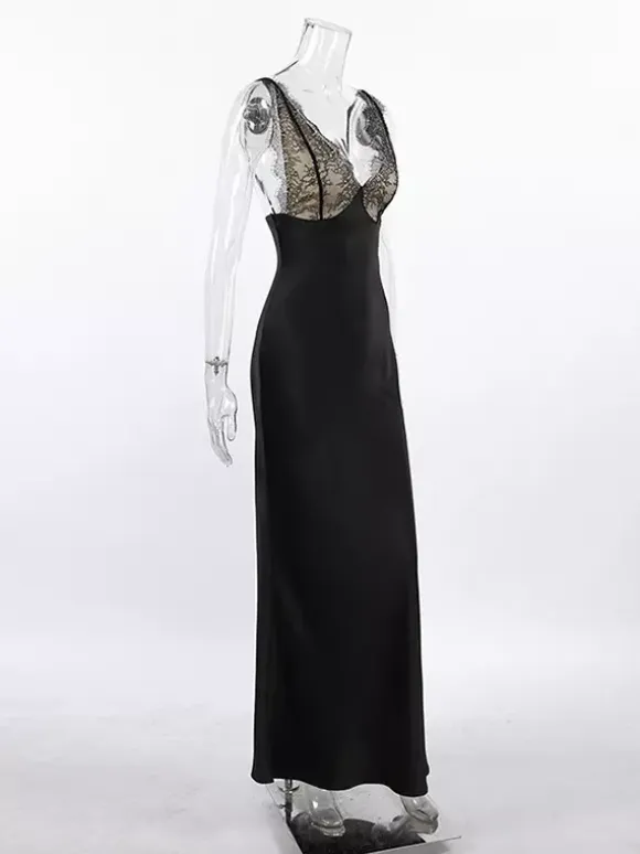 Elegant Lace V-Neck Slim Fit Slip Summer Long Dress For Women 2026