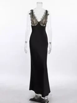 Elegant Lace V-Neck Slim Fit Slip Summer Long Dress For Women 2026