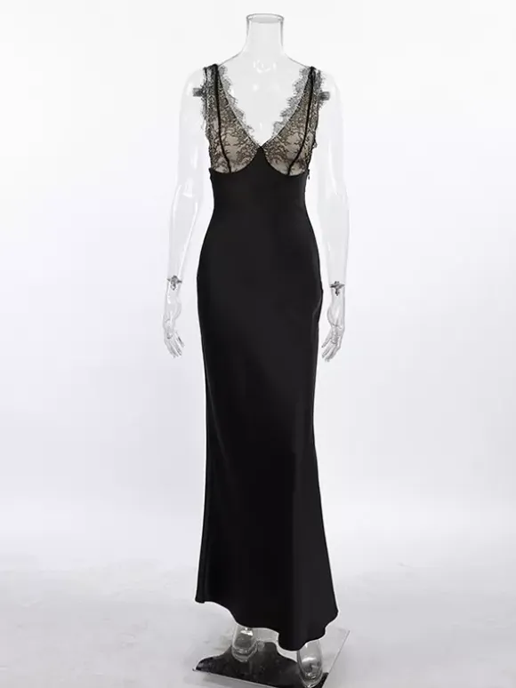 Elegant Lace V-Neck Slim Fit Slip Summer Long Dress For Women 2026
