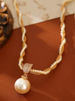 Elegant Layered Pearl Necklace Rhinestone Square Setting Teardrop Pearl Charm