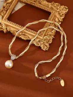 Elegant Layered Pearl Necklace Rhinestone Square Setting Teardrop Pearl Charm