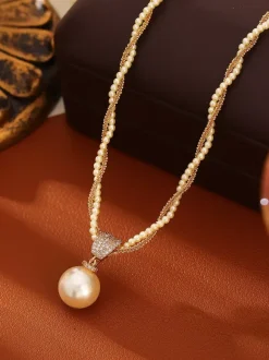 Elegant Layered Pearl Necklace Rhinestone Square Setting Teardrop Pearl Charm