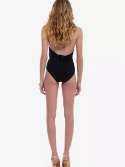 Elegant Plunging One Piece Swimsuit For Women - Black Halter Deep V Neck Swimwear With Ruched Waist - Summer Resort 2026