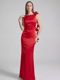 Elegant Rosette Maxi Evening Dress For Women - Red Satin Backless Bodycon Long Gown With 3D Flowers - Summer Prom Party 2026