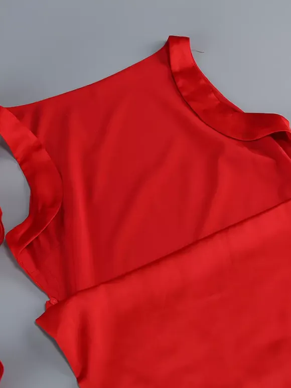 Elegant Rosette Maxi Evening Dress For Women - Red Satin Backless Bodycon Long Gown With 3D Flowers - Summer Prom Party 2026
