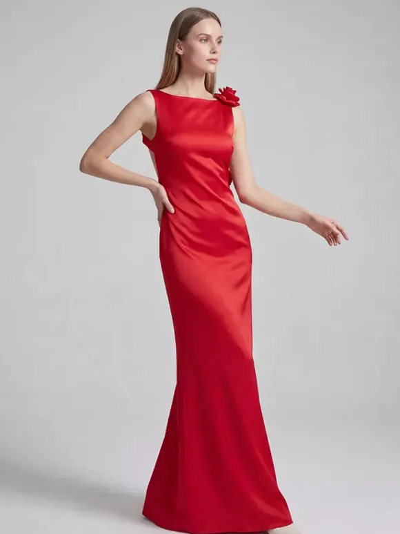 Elegant Rosette Maxi Evening Dress For Women - Red Satin Backless Bodycon Long Gown With 3D Flowers - Summer Prom Party 2026