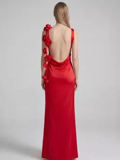 Elegant Rosette Maxi Evening Dress For Women - Red Satin Backless Bodycon Long Gown With 3D Flowers - Summer Prom Party 2026
