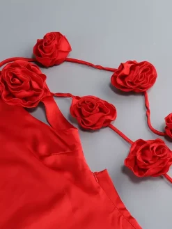 Elegant Rosette Maxi Evening Dress For Women - Red Satin Backless Bodycon Long Gown With 3D Flowers - Summer Prom Party 2026