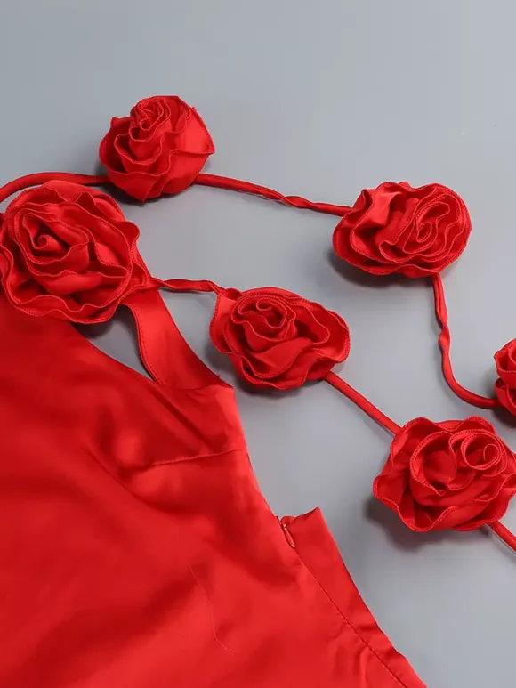 Elegant Rosette Maxi Evening Dress For Women - Red Satin Backless Bodycon Long Gown With 3D Flowers - Summer Prom Party 2026