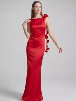 Elegant Rosette Maxi Evening Dress For Women - Red Satin Backless Bodycon Long Gown With 3D Flowers - Summer Prom Party 2026
