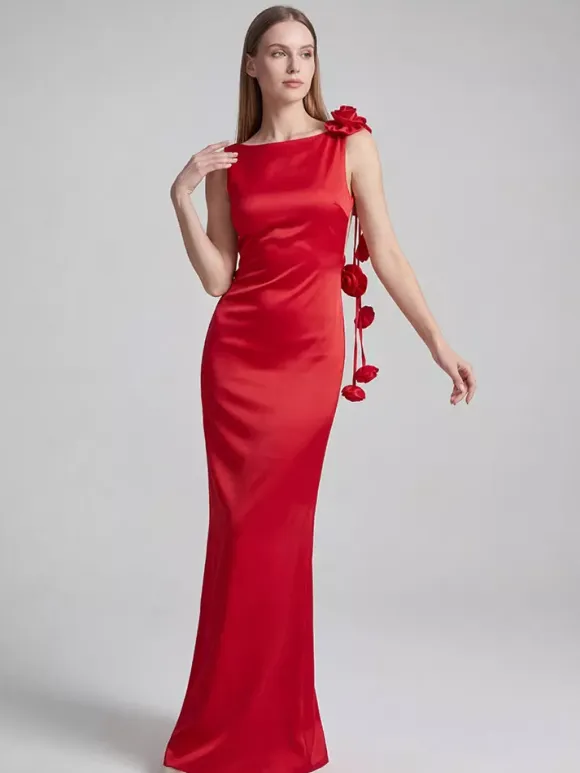 Elegant Rosette Maxi Evening Dress For Women - Red Satin Backless Bodycon Long Gown With 3D Flowers - Summer Prom Party 2026