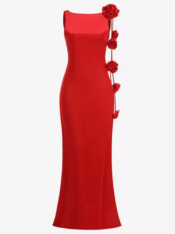 Elegant Rosette Maxi Evening Dress For Women - Red Satin Backless Bodycon Long Gown With 3D Flowers - Summer Prom Party 2026