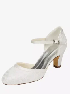 Elegant Two Part Wedding Shoes White Lace Round Toe Chunky Heel Bridal Shoes
