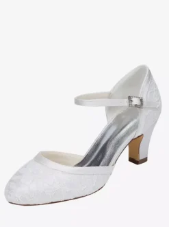 Elegant Two Part Wedding Shoes White Lace Round Toe Chunky Heel Bridal Shoes