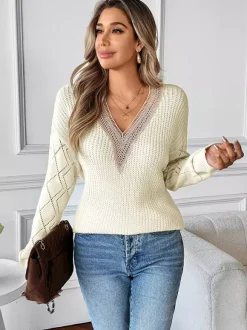 Elegant V-Neck Long Sleeves Sweater Pullovers For Women 2026