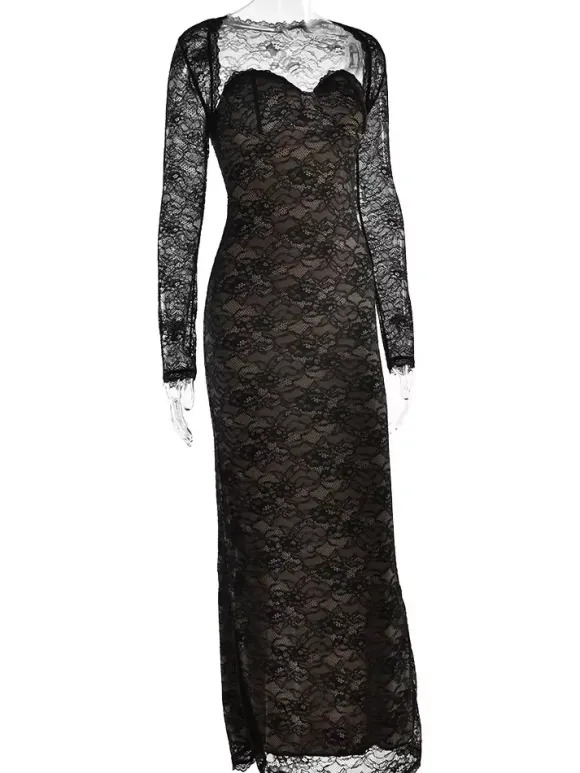 Elegant Black Floral Lace Shrug Maxi Dress Bodycon Evening Gown For Women 2026