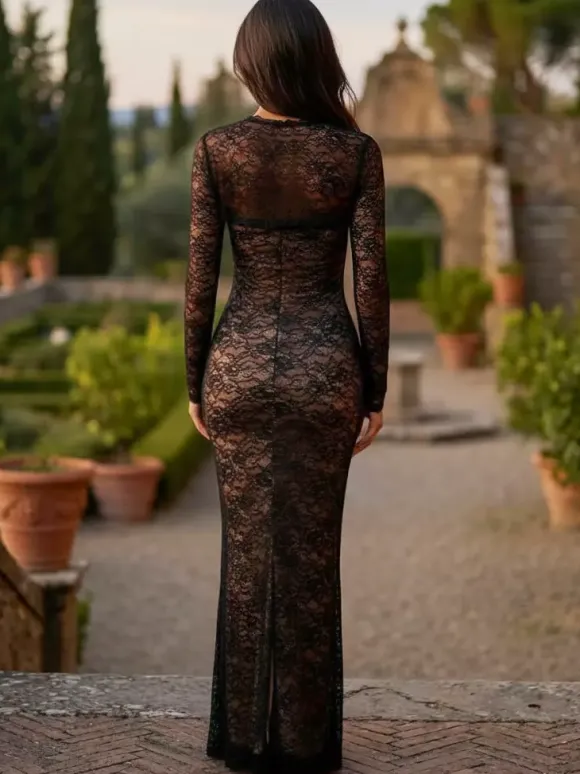 Elegant Black Floral Lace Shrug Maxi Dress Bodycon Evening Gown For Women 2026