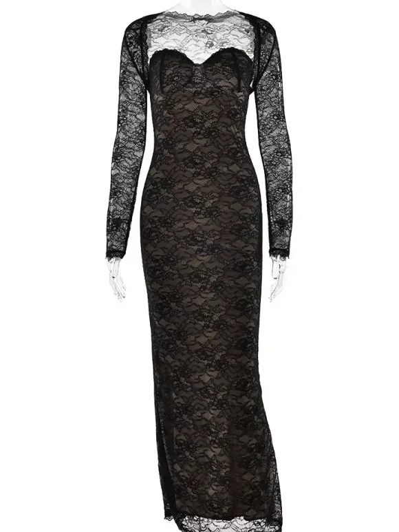 Elegant Black Floral Lace Shrug Maxi Dress Bodycon Evening Gown For Women 2026