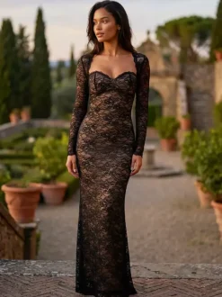 Elegant Black Floral Lace Shrug Maxi Dress Bodycon Evening Gown For Women 2026