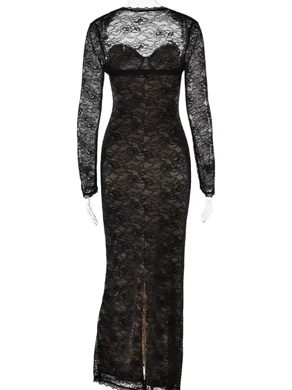 Elegant Black Floral Lace Shrug Maxi Dress Bodycon Evening Gown For Women 2026