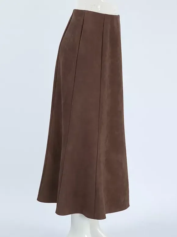 Elegant Brown Suede A-Line Maxi Skirt For Women 2026