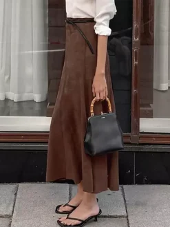 Elegant Brown Suede A-Line Maxi Skirt For Women 2026