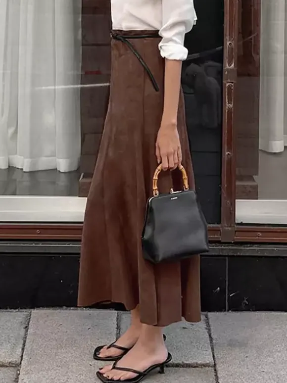 Elegant Brown Suede A-Line Maxi Skirt For Women 2026