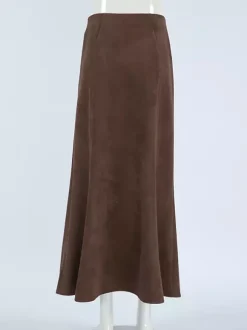 Elegant Brown Suede A-Line Maxi Skirt For Women 2026
