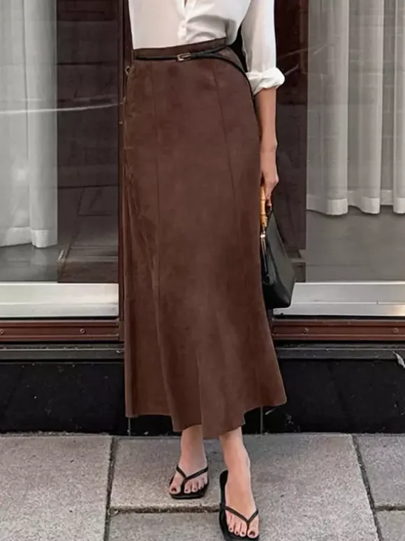 Elegant Brown Suede A-Line Maxi Skirt For Women 2026