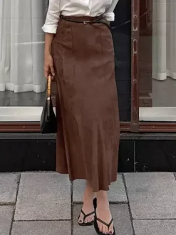 Elegant Brown Suede A-Line Maxi Skirt For Women 2026