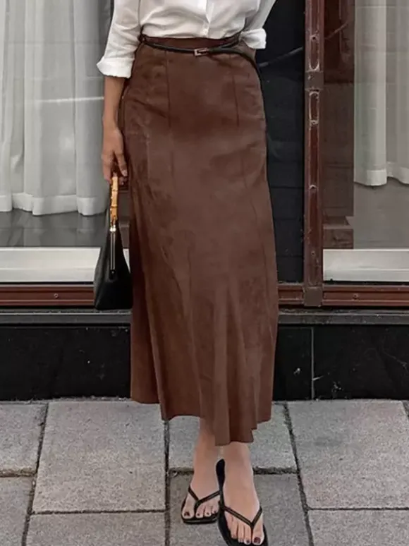 Elegant Brown Suede A-Line Maxi Skirt For Women 2026
