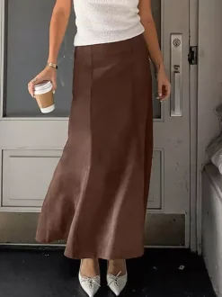 Elegant Brown Suede A-Line Maxi Skirt For Women 2026