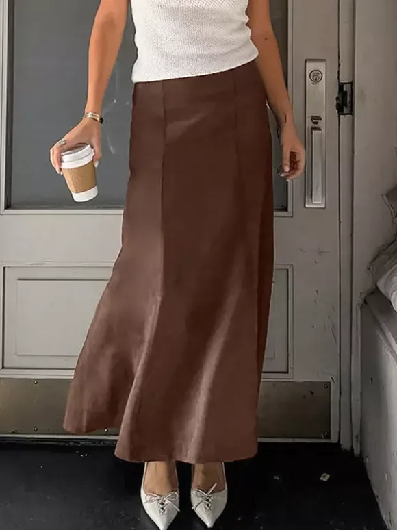 Elegant Brown Suede A-Line Maxi Skirt For Women 2026