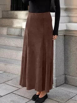 Elegant Brown Suede A-Line Maxi Skirt For Women 2026