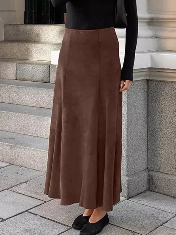 Elegant Brown Suede A-Line Maxi Skirt For Women 2026
