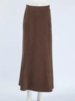 Elegant Brown Suede A-Line Maxi Skirt For Women 2026