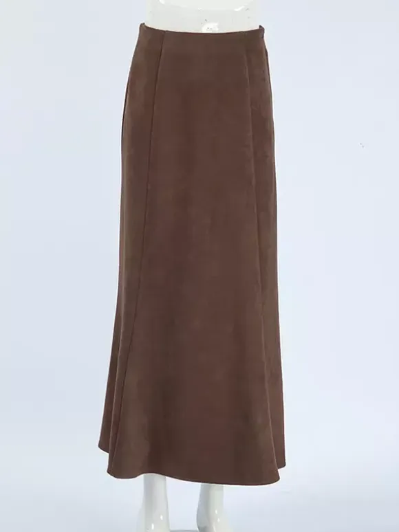 Elegant Brown Suede A-Line Maxi Skirt For Women 2026