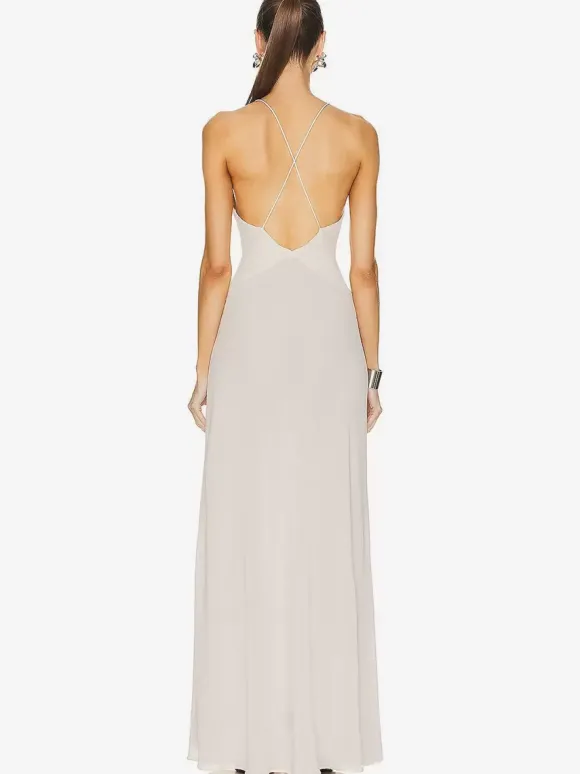 Elegant Deep V-Neck Maxi Gown for Women - Sexy Backless Slim Fit Long Slip Dress with Flower Corsage - Summer Party 2026