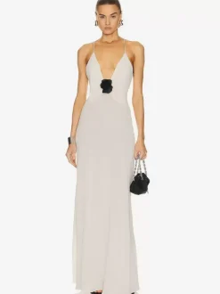 Elegant Deep V-Neck Maxi Gown for Women - Sexy Backless Slim Fit Long Slip Dress with Flower Corsage - Summer Party 2026