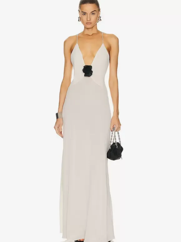Elegant Deep V-Neck Maxi Gown for Women - Sexy Backless Slim Fit Long Slip Dress with Flower Corsage - Summer Party 2026