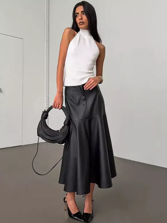 Elegant High Waist Mermaid Hem Faux Leather Midi Skirt For Women 2026