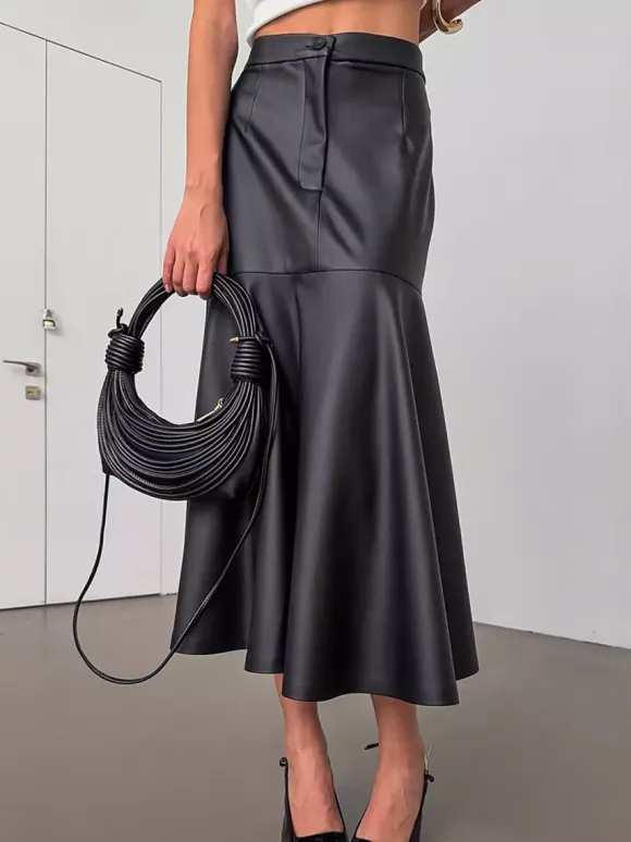 Elegant High Waist Mermaid Hem Faux Leather Midi Skirt For Women 2026